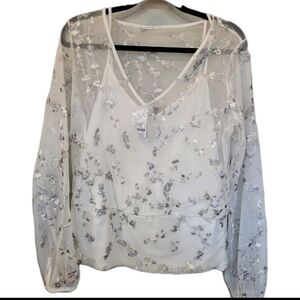 WHBM Floral Embroidered White Sheer Mesh Blouse Top Sz Large Long Puff Sleeve